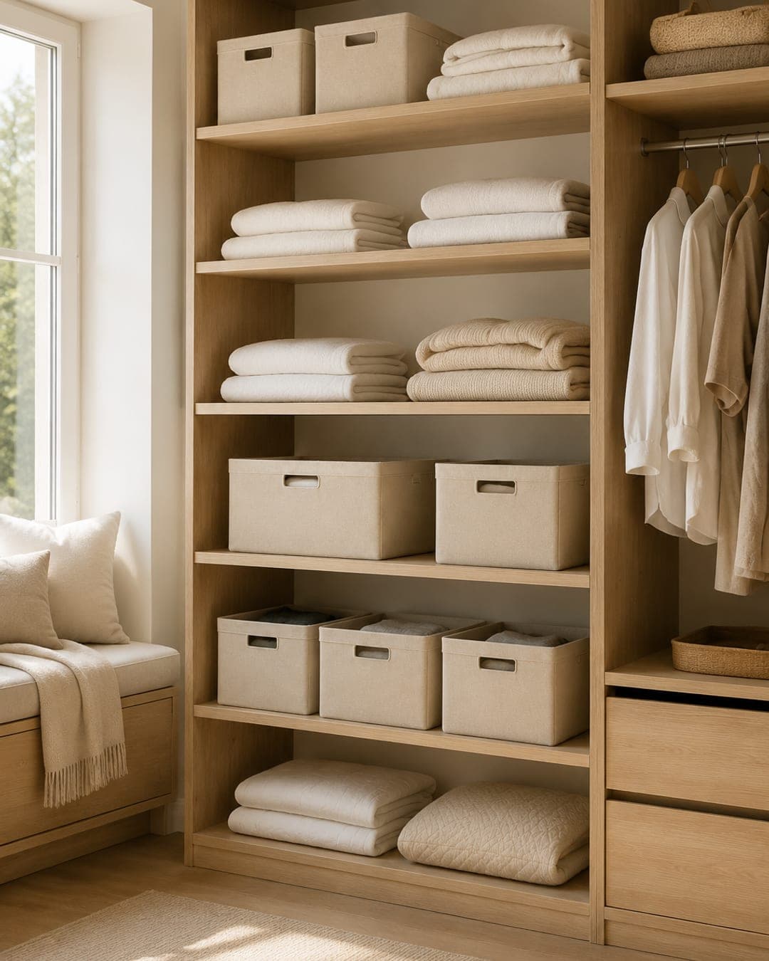 A calm, neatly organized linen closet with folded textiles in foldable Vienatrade storage bins