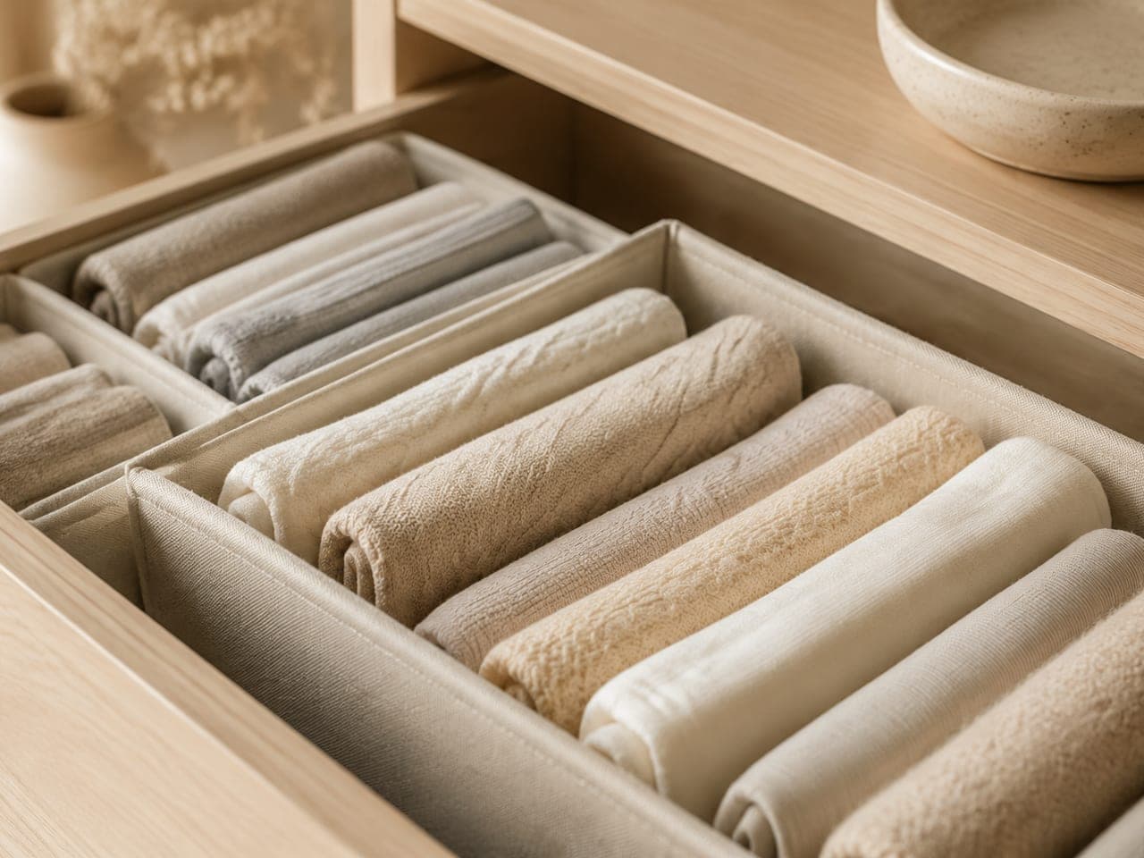 Folded clothing neatly arranged inside drawer dividers