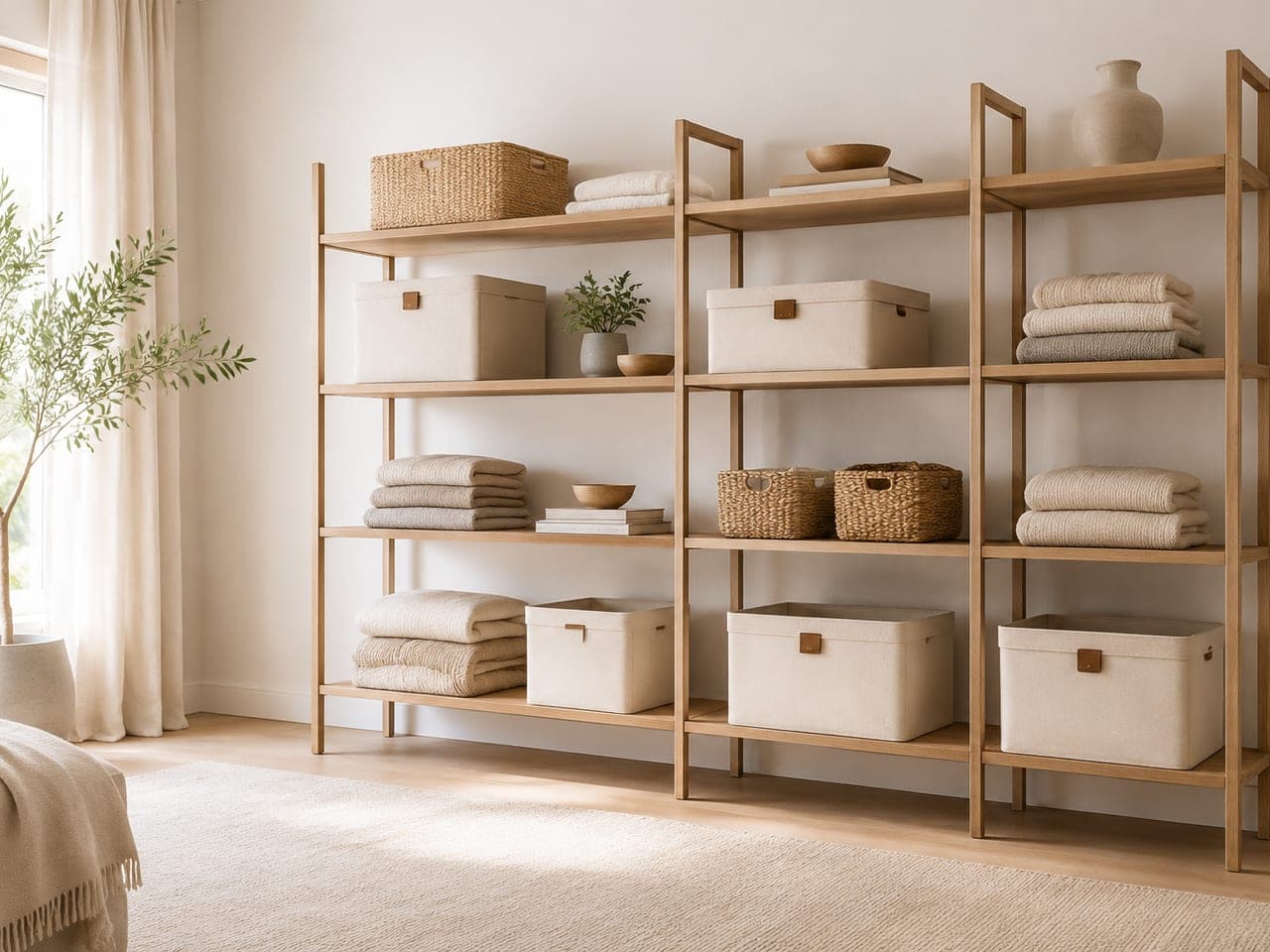A calm, organized open shelf with neutral storage bins